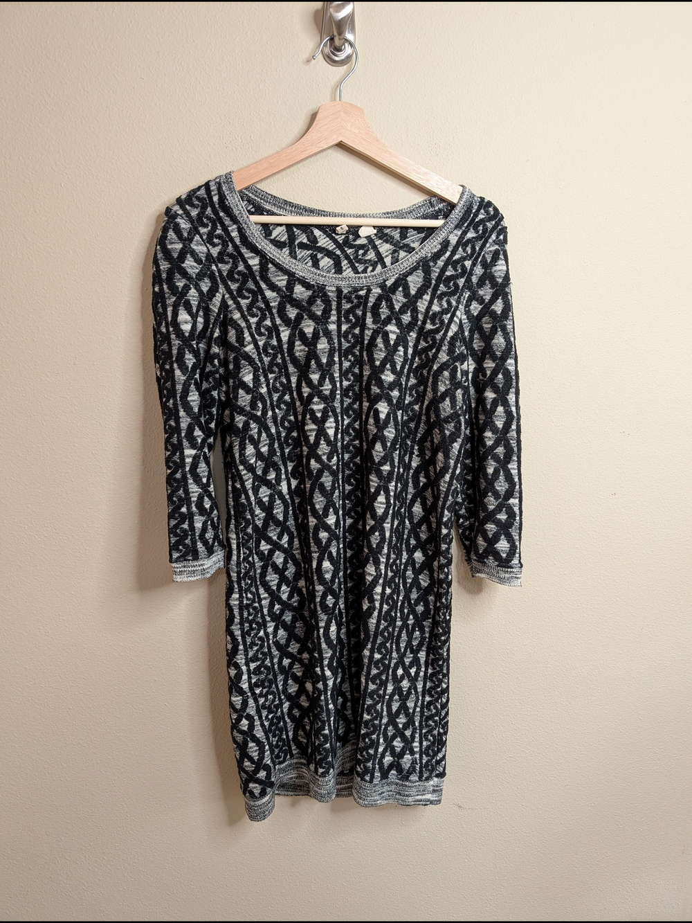 Moth Anthropologie Small Black Gray Jacquard Knit Sweater Dress 3/4 Sleeve Scoop